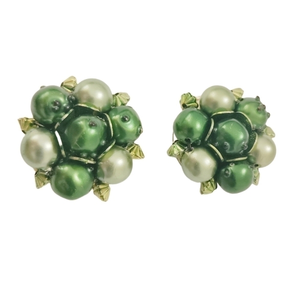 GREEN PEARL Clip-On Earrings Vintage 1960 Retro Eclectic Funky - Picture 7 of 10